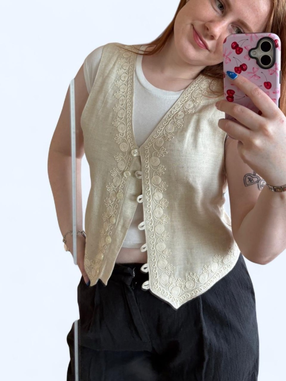 le chateau Cream Embroidered Button-Front Vest